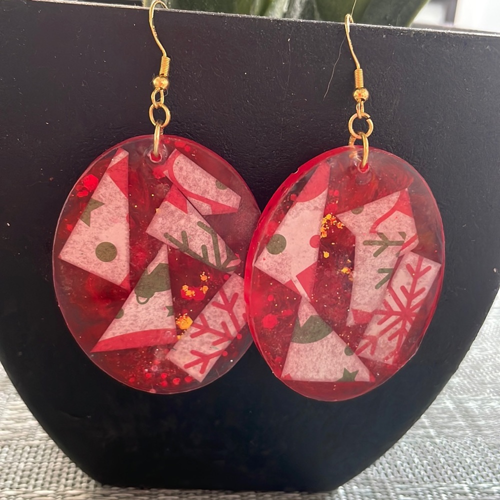 XMAS Handmade Festive Large Holiday Earrings Red Oval